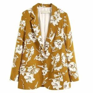 ZARA Floral Print Linen Blend Blazer in Mustard Yellow